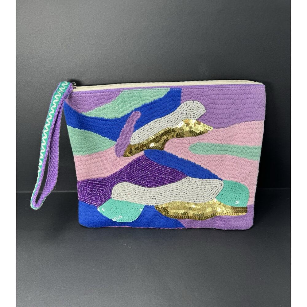 America Beyond Embellished Colorful Abstract Aztec Boho Top Zip Clutch NWOT